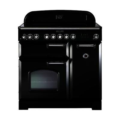 Rangemaster Classic Deluxe 90cm Electric Induction 90270 Range Cooker in Black with Brass Trim and Induction Hob